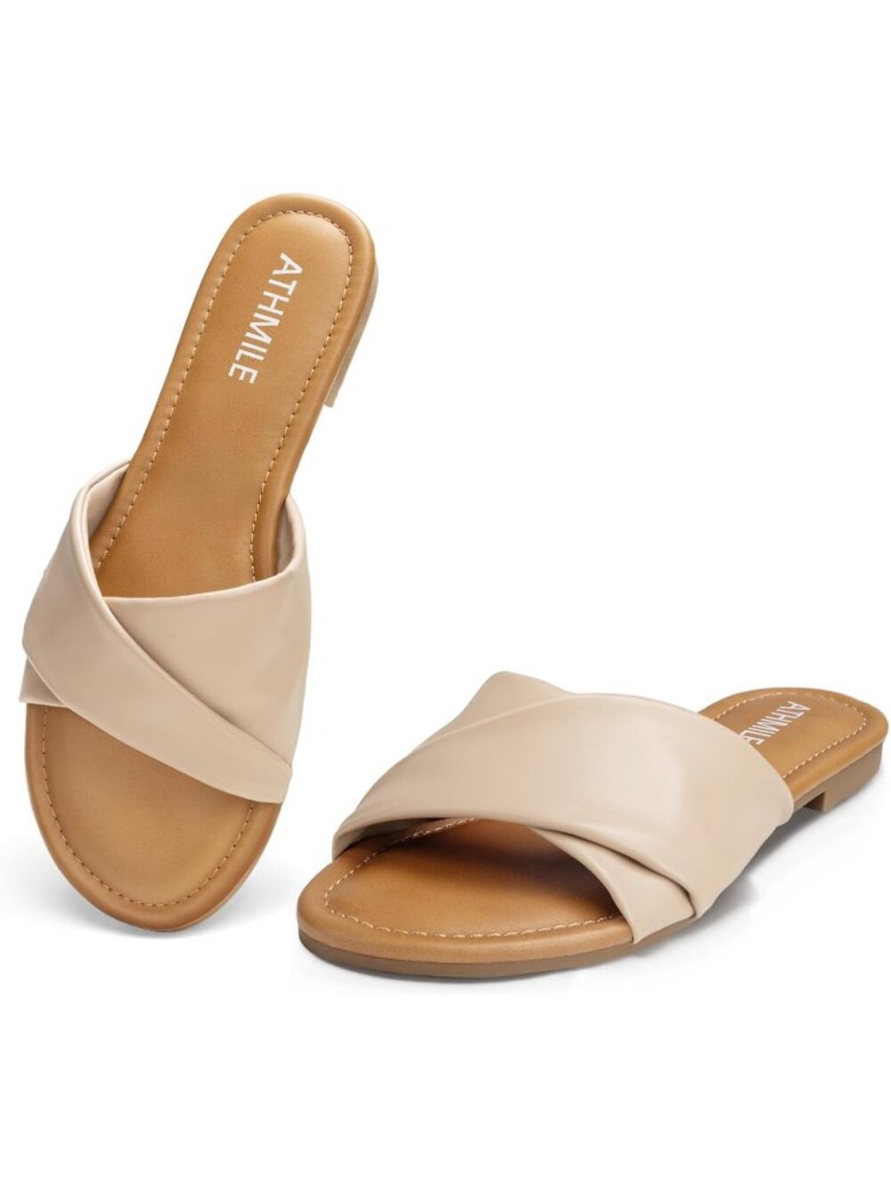 Women's Beige Summer Comfortable Cute Ladies Slides Leather Fashion Flat Sandals